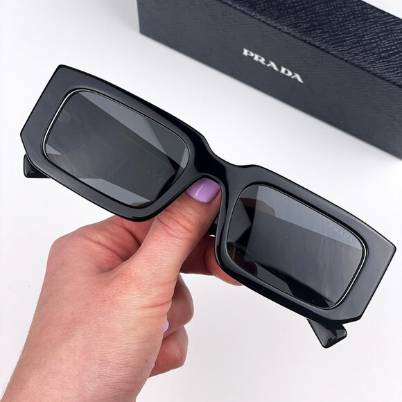 Prada PR06YS 09Q5S0 Sunglasses Black White Dark Grey Rectangle Unisex - Picture 2 of 15